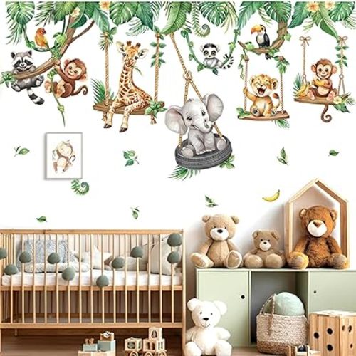 decalmile Jungle Animal on Swings Wall Stickers Safari Animal Elephant Giraffe Monkey Tropical Leaves Wall Decals Baby Nursery Kids Room Wall Decor