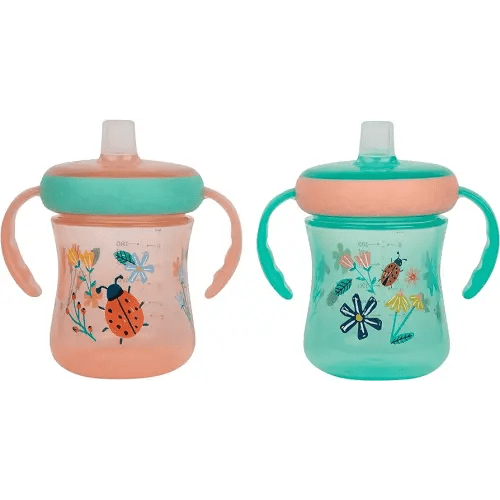 The First Years - Soft Spout Sippy Cup - Toddler Trainer Cup for 6+ Months -With Handles and Leak Proof Lid - 7 Oz - Floral Ladybug Print - 2 Count