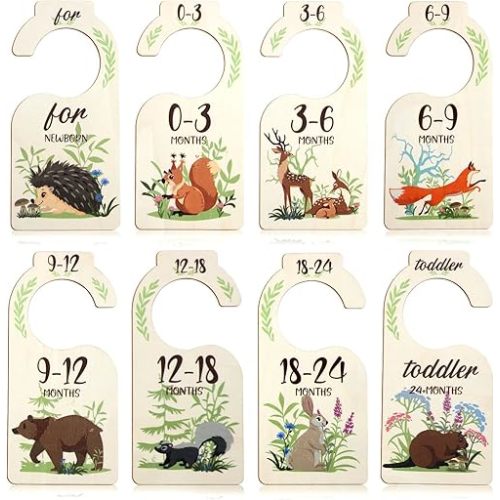 8pcs Baby Closet Dividers, Cute Wooden Month Closet Dividers with Animal Patterns Baby Clothes Organizer from Newborn to 24 Months Nursery Hanger Decor for Infant Clothing Storage