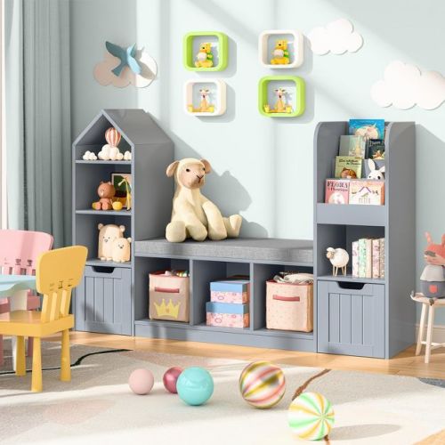 Kids Bookshelf with Seat Cushion & Movable Drawers, Multi-Purpose Toy Storage Bookcase