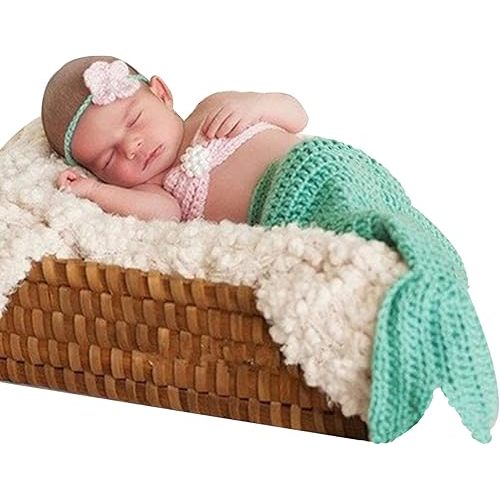 M&G House Newborn Photography Prop Mermaid Outfit Baby Photo Props Handmade Crochet Mermaid Tail Outfit Baby Handmade Crochet Costume Set Headband Bra Tail