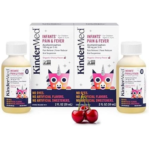 KinderMed Infants' Pain & Fever Medicine, No Dyes, No Artificial Flavors, No Artificial Sweeteners, Vegan, Non-GMO, Gluten Free, Organic Cherry Flavor, Two Pack, 2 x 2 fl. oz