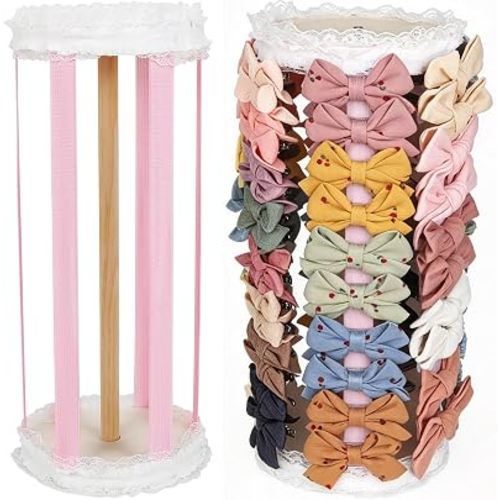 Hair Bow Organizer for Girls, 360° Rotating Bow Holder for Girls Hair Bows, Lace Trim Hair Clip Organizer Display Stand, Hair Accessories Organizer Rack for Baby Women(12.6x5.5 Inch, Pink)