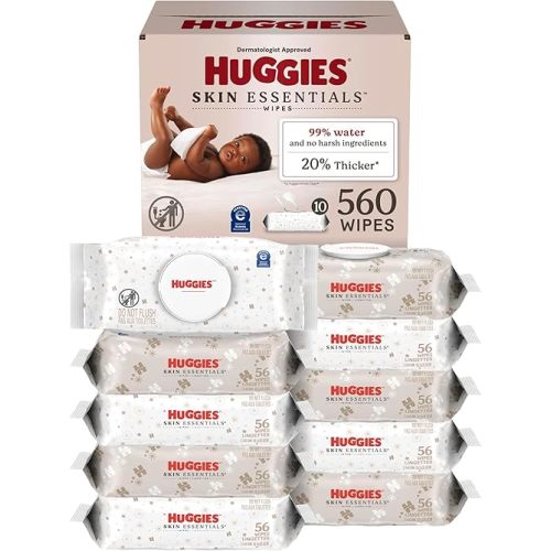 Huggies Skin Essentials Baby Wipes, Hypoallergenic, 99% Water, 10 Flip Top Packs (560 Wipes Total) | 99% Water, 2 Flip Top Packs, 112 Wipes Total