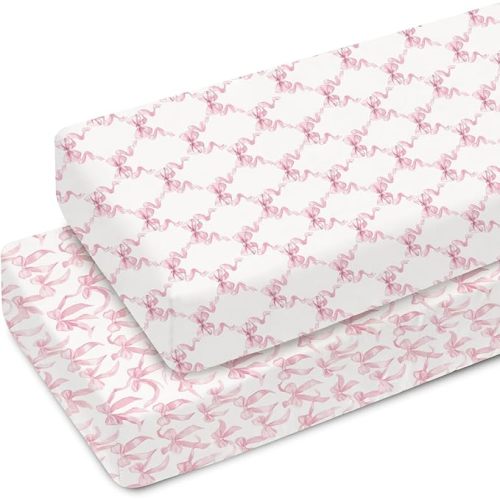 Pink Bows Ribbon Baby Crib Sheets for Girl 52"x28" Pastel Pink Ribbons Soft Snug Fitted Crib Mattress Cover Watercolor Bows Girly Nursery Baby Sheet for Standard Crib & Toddler Bed Mattress Pad 2 Pack