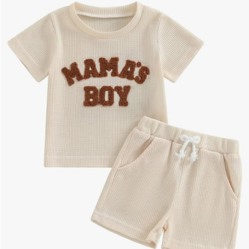 Kupretty Toddler Baby Boy Summer Clothes Embroiderey Waffle Knit Short Sleeve T-Shirt Tees + Casual Shorts Cute Clothing Set