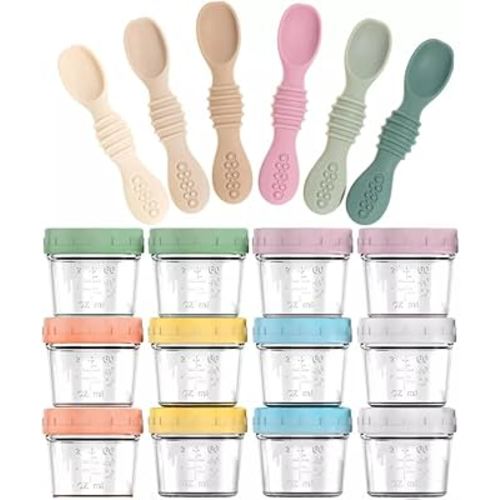12-Pack Glass Baby Food Storage Jars with Lids, 6-Pack Silicone Baby Self-Feeding Spoons – BPA-Free, Leakproof, Freezer Safe Jars