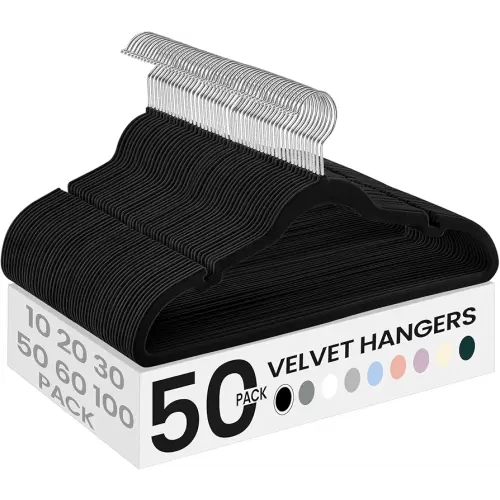 SONGMICS Velvet Hangers 50 Pack, Non-Slip Clothes Hangers, with Shoulder Notches, Pants Bar, 360° Swivel Hook, Space-Saving, for Closet, Ink Black UCRF029B05