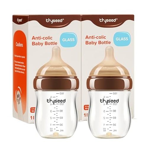 Thyseed Anti-Colic Glass Baby Bottle for Breastfed Infants, Natural Feeding, Breast-Like Newborn Extra Slow Flow Nipple (0m+), 5 oz, 2 Pack