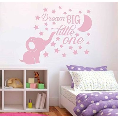 Dream Big Little One Lovely Elephant and Moon Stars Wall Decor Stickers for Kids Room Baby Girl Decals BA048 (Light Pink)