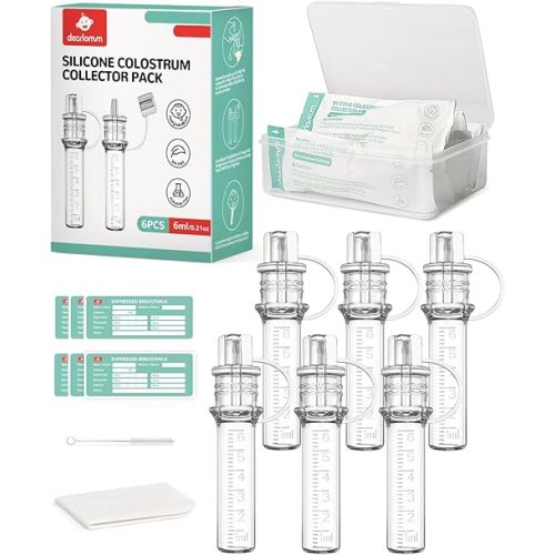 dearlomum Colostrum Collector Kit Breast Milk Collector 6ml/6pcs,Reusable, Heat & Freezer Resistant, BPA-Free, with Cotton Cloth Wipe, Storage Case, Cleaning Brush