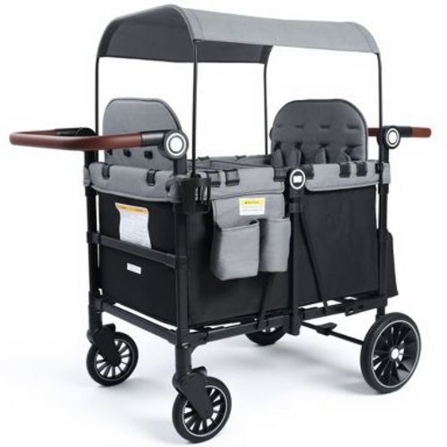 Kinder King All-Terrain Stroller Wagon for 4 Kids with Canopy, Shock-Absorbing Wheels, Snack Tray, Storage Bag & Adjustable Handle, Black & Gray