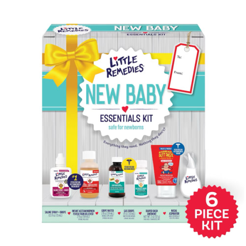 Little Remedies New Baby Essentials Kit with Saline Nasal Spray, Diaper Rash Cream, Gas Relief Drops, Gripe Water & More, Safe for Newborns
