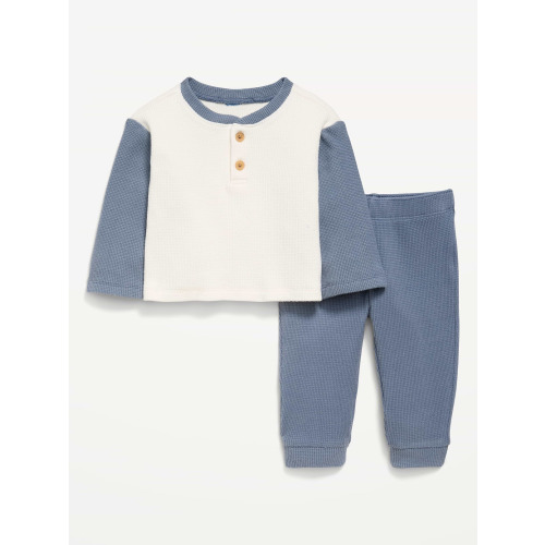 Long-Sleeve Waffle-Knit Henley Top and Pants Set for Baby