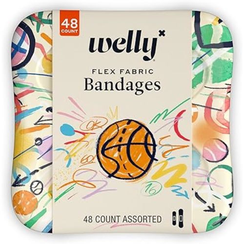 Welly Bandages | Adhesive Flexible Fabric Bravery Badges | Assorted Shapes for Minor Cuts, Scrapes, and Wounds | Colorful and Fun First Aid Tin | Sports Patterns - 48 Count