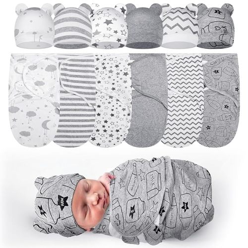 Ramede 6 Pack Preemie Swaddle Blanket with Hats Sleep Swaddle for Baby Boy Girl Preemie Newborn Sacks Soft Cotton Wearable(Star,Grey)