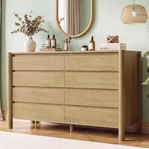 HOUROM Oak Dresser for Bedroom,55" Wide 8 Drawer Mid Century Modern Chest