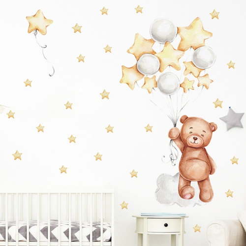 Girlsshop Nursery Wall Sticker Cute Teddy Bear Balloons Stars Wall Decor Removable Decal