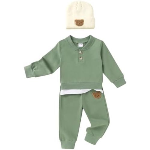 YOUNGER TREE Toddler Fall Outfits Baby Boy Sweatshirt Top Sweatpants Set Cute Sweatsuit for Boy Winter Clothes with Hat