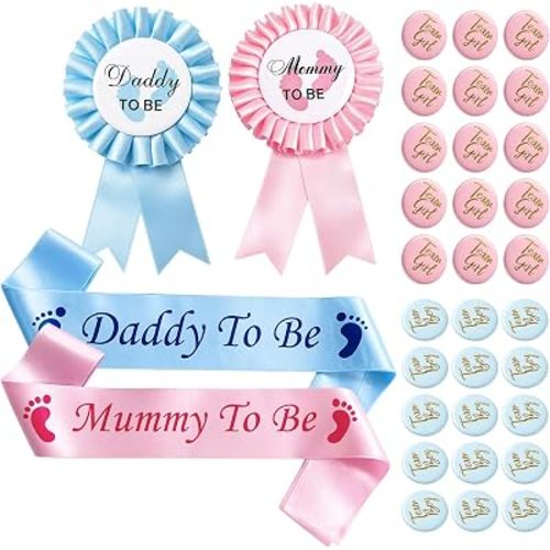 34-Piece Collection with Parent-to-Be Badges and Team Identification Pins,Gender Reveal Pins Set for Party Decorations, Plastic Material with Colorful Designs
