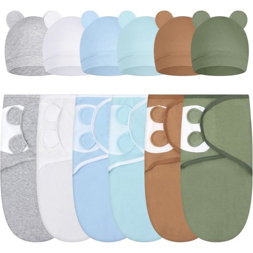 Ramede 6 Pack Swaddle Blanket with Hats for Baby Girl Boy 100% Cotton Swaddles 0-3 Months, Adjustable Breathable Skin Friendly Receiving Blanket Wrap, Essential for Newborns(Classic,Dark Color)