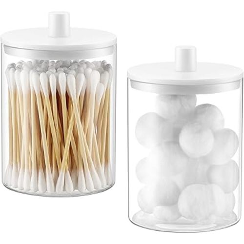 TIPGO Glass Qtip Holder Dispenser for Bathroom - 10 oz Clear Canister Apothecary Jar for Cotton Swabs, Balls, Pads, Floss Picks, Small Containers for Makeup Storage Organizer (2 Pack, White)