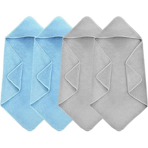 4 Pack Hooded Baby Towels, 32x32 Inch Absorbent Bath Towels, Soft Coral Fleece Hooded Towel for Newborns, Infants, and Toddlers – Baby Bath Essentials (2X Light Gray + 2X Sky Blue)