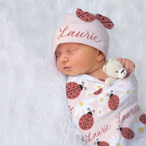 Personalized Ladybug Swaddle Set: Girl Nursery Bedding with Hat & Headband