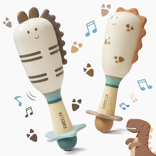 Evoceler Baby Rattles, 2 Pac Dinosaur Rattles & Shaker Toys with Teether, Baby Maracas Sensory Toys for 0+M Babies, Soft Silicone BPA Free, Perfect Size for Grasp, Ideal Baby Boy Girl Toy Gift