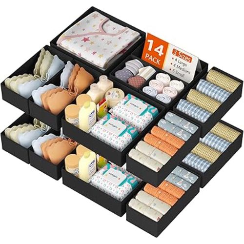 DIMJ Drawer Organizer Clothes 14 Pack - Foldable Baby Organizers and Storage & Dresser Organizer for Bedroom, Closet - Nursery Organization Dresser Dividers for underwear, Sock,Bra, Belt, Tie, Black