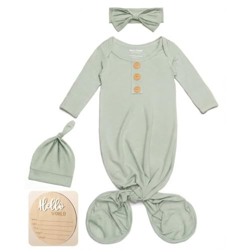 Baby Noah Newborn Knotted Gown, Ultra-Soft Silky Long Sleeve Sleeper, Unisex Coming Home Outfit Set With Wooden Name Sign