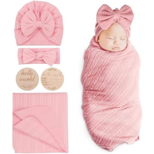 DRESHOW BQUBO Baby Swaddle Blankets for Girls, 4PCS Newborn Accessories Set with Hat and Bow Headband with Hello World Wooden Birth Announcement Card, Baby Blankets for Girls (Pink)