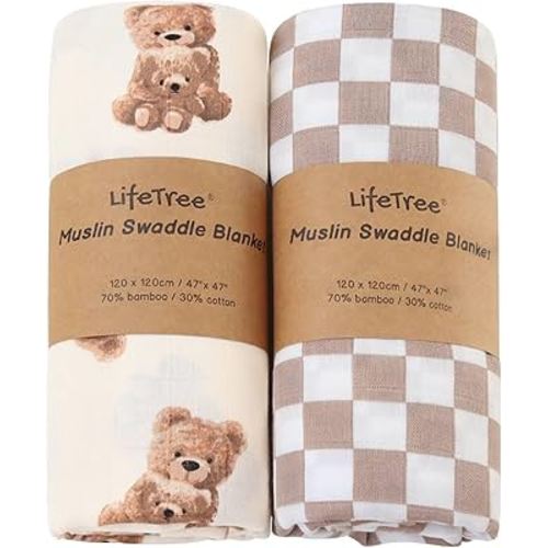 LifeTree Muslin Swaddle Blankets Neutral, Baby Swaddling Wrap Nursery Blanket for Boys & Girls Unisex, Soft 70% Viscose from Bamboo and 30% Cotton, Large 47 x 47 inches, Bear & Checkered Coffee