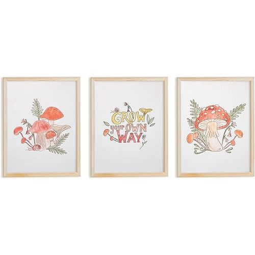 Minimalistx Mushroom Themed Canvas Wall Art - Set of 3 Unframed Prints 16" x 12" for cottagecore decor, Nursery Decor, Mushroom Decor