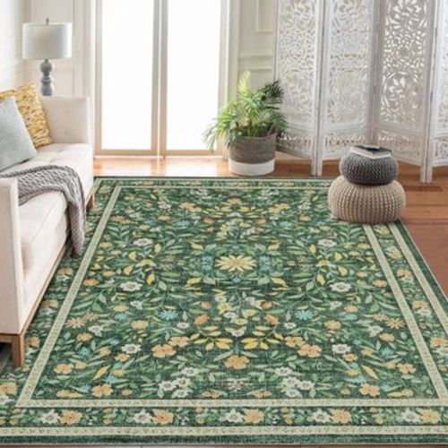 Boho Flower Area Rug for Living Room – Washable & Non-Slip, Ultra-Thin Design, Perfect for Girls’ Room, Nursery, Playroom Green5*7ft(152*213cm)