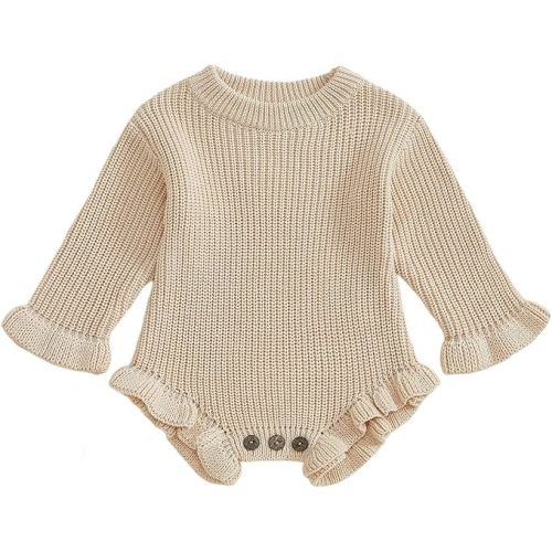 woshilaocai Baby Girl Ruffle Sweater Knitted Romper Long Sleeve Newborn Sweatshirt Clothes