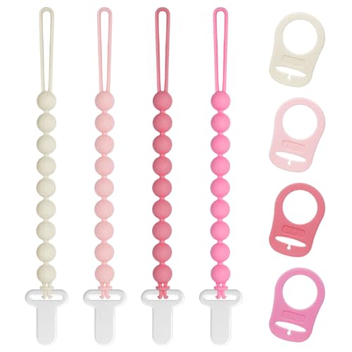 Pacifier Clips Baby Girls - Draklary 4 Pack Silicone Pacifier Clip with Adapter Ring, Fits MAM Dummy, Soothe Baby Binky Holder for Newborn Essentials Shower Birthday Gift