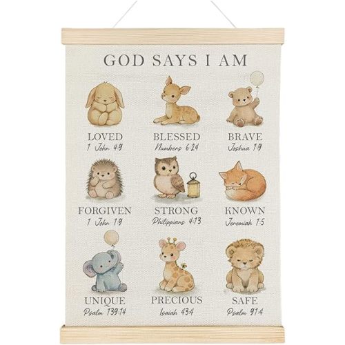 Nrleey Christian Animal Nursery Wall Art Poster Hanger, God Says I Am Motivational Bible Verse Religious Posters Wall Decor for Kids Room Nursery Playroom Home Church, 12x16 Inch