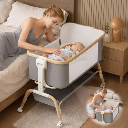 Rocking Baby Bassinet Bedside Sleeper, Detachable Portable Bassinet & Adjustable Crib with 8 Heights, Breathable Mesh, Storage Basket & Mobile Toy for Newborns to Toddlers(Flagstone)