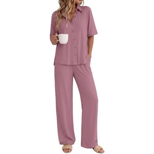 Ekouaer Pajamas for Women Set Button Up Short Sleeve Pjs with Long Pants