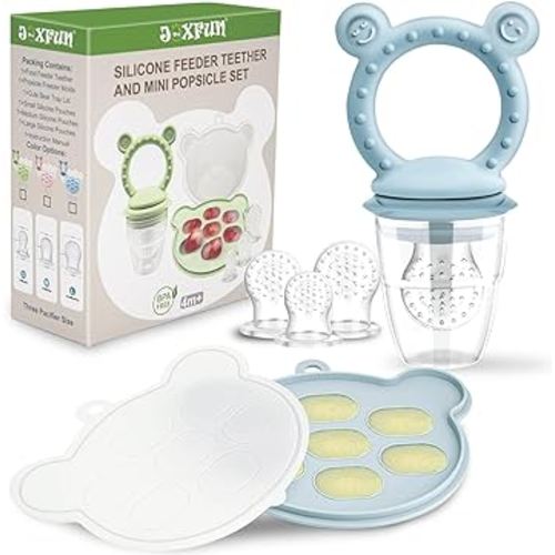 JEXFUN Silicone Baby Fruit Food Feeder Pacifier & Breastmilk Popsicle Freezer Molds for Cooling Relief, BPA Free Silicone Feeder to Safely Introduce New Foods, Double as Teething Toys, 4 Month+