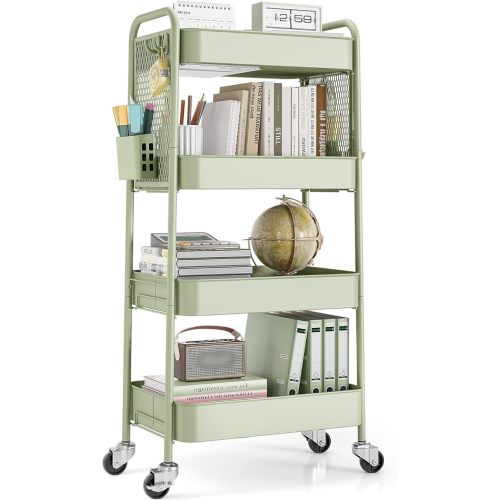 TOOLF 4 Tier Rolling Cart with Pegboard, Metal Storage Organizer Cart with Wheels, Hooks & Bins Esthetician Craft Art Sturdy Storage for Bathroom, Kitchen, Office, Nursery Diaper