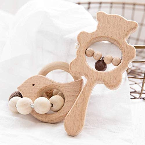 Bopoobo Wooden Rattles Relieve Teething Pain Toys Novelty Wood Nursing Accessories Set Safe and Natural Bird Shap Wooden Baby Shower Toys Gift Set Wooden Rings for Baby Boys and Girls Early Learning