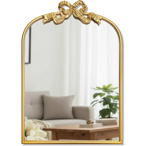 Vercraft Gold Bow Mirror 27"x19" Vintage Arched Vanity Wall Decorative Mirror with Metal Frame Antique Baroque Bow Decor for Home Dressing Table Entryway Bathroom Hallway Living Room