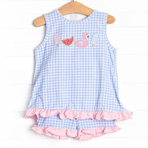 Pool Day Picks Applique Ruffle Short Set, Blue (12M)