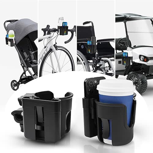 2pc Stroller Cup Holder with Phone Holder, Removable 2-in-1 Drink Holder for Golf Cart Accessories, 360 ° Rotatable Bottle Holder for Wheelchair, Stroller, Bicycle,Scooter, Walker