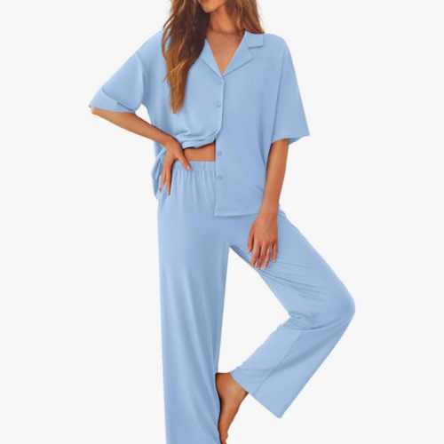 Ekouaer Women Pajamas Set Button Down Sleepwear Short Sleeve Pjs Soft Comfy Nightwear with Long Pants S-XXL