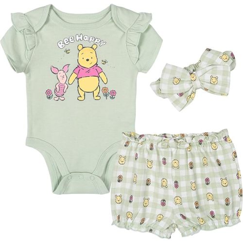 Disney Baby Girls Bodysuit, French Terry Bubble Shorts & Headband 3 Piece Outfit Set Newborn to Infant Sizes (0-24 Months)
