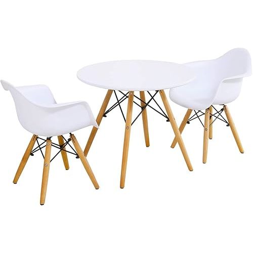 Costzon Kids Table and 2 Chair Set, Mid-Century Modern Style Round Table with Armchairs for Toddler Children, Kids Dining Table and Chair Set (White, Table & 2 Chairs)