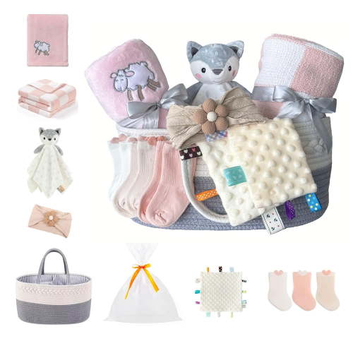 CREVENT Set for Girls -Diaper Caddy Organizer Basket with 2 Blankets, 1 Taggie, 1 Lovey, 3 Socks，1 Headband，1 Gift Bag with Ribbon - Newborn Essential Gift Set (Pink)